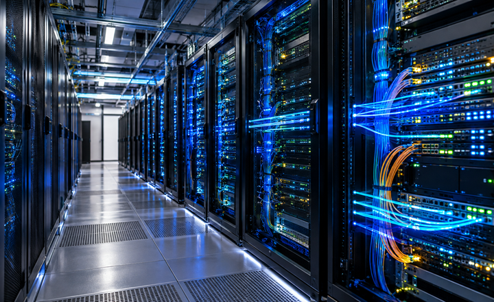 Centro de datos moderno con filas de racks de servidores y conexiones luminosas que representan redes para IA, fotografía editorial realista