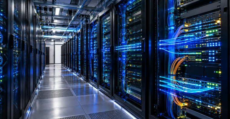 Centro de datos moderno con filas de racks de servidores y conexiones luminosas que representan redes para IA, fotografía editorial realista