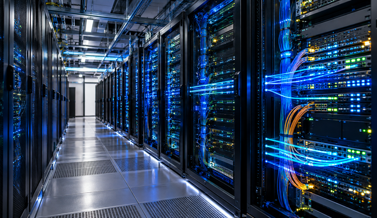 Centro de datos moderno con filas de racks de servidores y conexiones luminosas que representan redes para IA, fotografía editorial realista