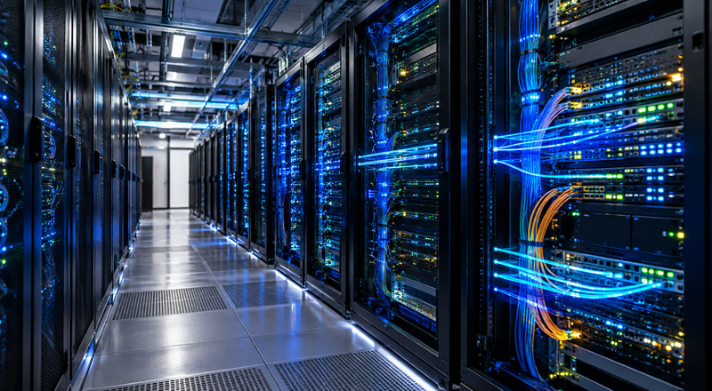 Centro de datos moderno con filas de racks de servidores y conexiones luminosas que representan redes para IA, fotografía editorial realista