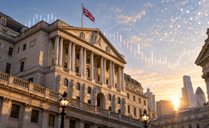 Ilustración editorial fotorrealista de la fachada del Banco de Inglaterra en Londres