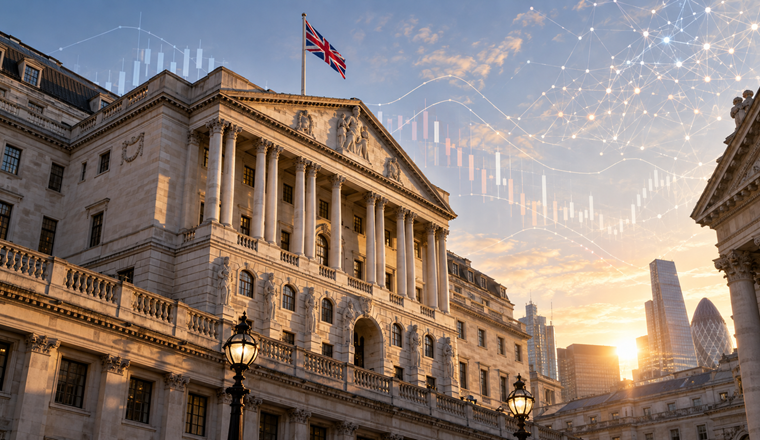 Ilustración editorial fotorrealista de la fachada del Banco de Inglaterra en Londres