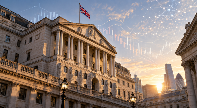 Ilustración editorial fotorrealista de la fachada del Banco de Inglaterra en Londres