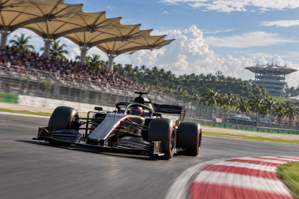 Monoplaza genérico de Fórmula 1 recorriendo el circuito de Sepang bajo cielo tropical