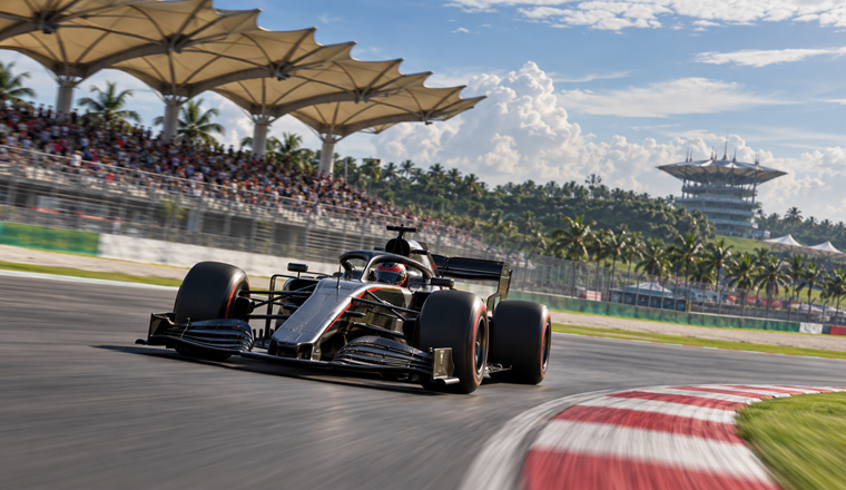 Monoplaza genérico de Fórmula 1 recorriendo el circuito de Sepang bajo cielo tropical