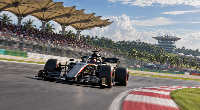 Monoplaza genérico de Fórmula 1 recorriendo el circuito de Sepang bajo cielo tropical