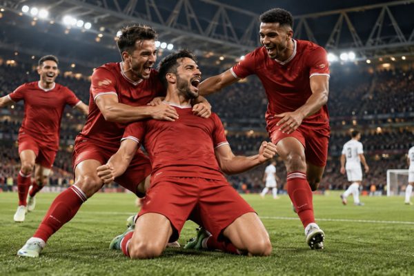 Futbolistas de España celebran un gol ante Inglaterra en un estadio lleno.