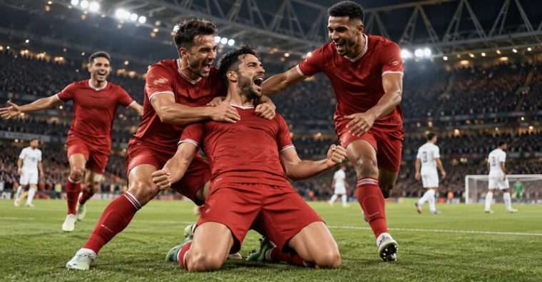 Futbolistas de España celebran un gol ante Inglaterra en un estadio lleno.
