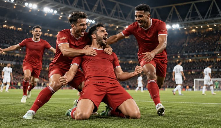 Futbolistas de España celebran un gol ante Inglaterra en un estadio lleno.