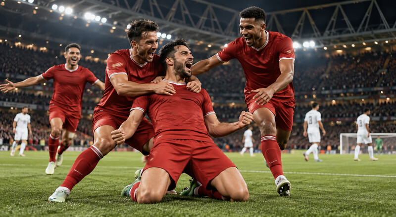 Futbolistas de España celebran un gol ante Inglaterra en un estadio lleno.