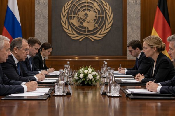 Dos delegaciones diplomáticas frente a frente en una sala de reuniones de Naciones Unidas.
