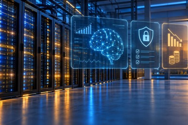 Centro de datos con visualización abstracta de inteligencia artificial, seguridad y eficiencia