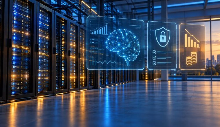 Centro de datos con visualización abstracta de inteligencia artificial, seguridad y eficiencia