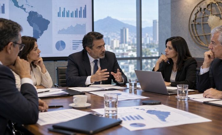 Reunión de financiamiento internacional con gráficos y mapa de América Latina