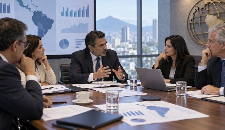 Reunión de financiamiento internacional con gráficos y mapa de América Latina