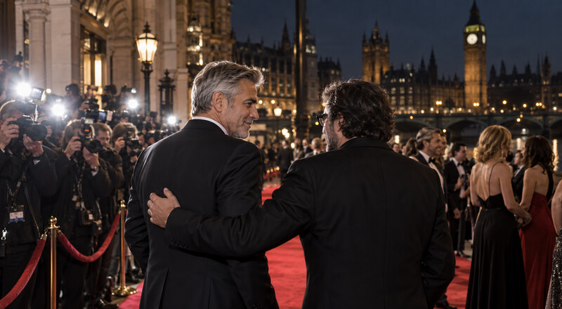 Premiere cinematográfica nocturna en Londres con actores ficticios sobre la alfombra roja