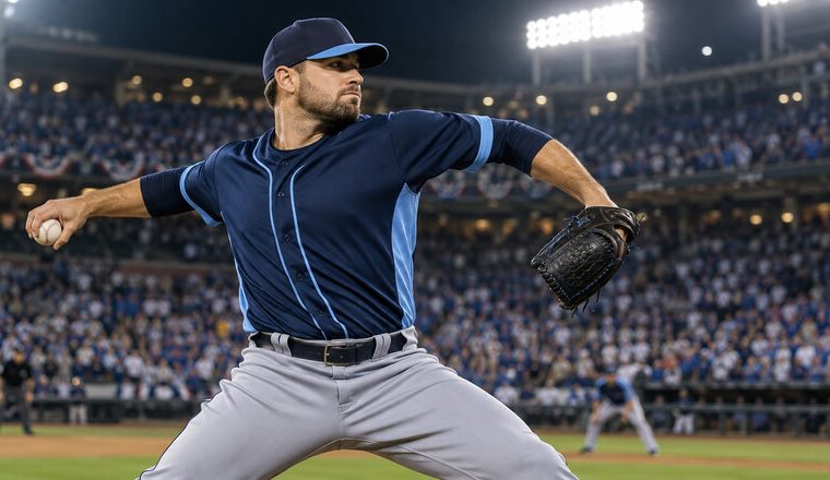 Lanzador de béisbol genérico durante un partido nocturno