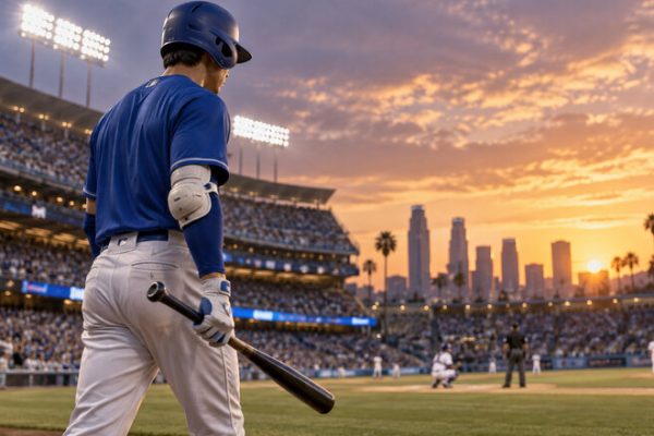Bateador de uniforme azul en un estadio de béisbol de Los Ángeles