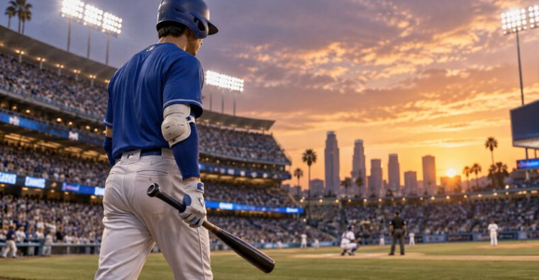 Bateador de uniforme azul en un estadio de béisbol de Los Ángeles