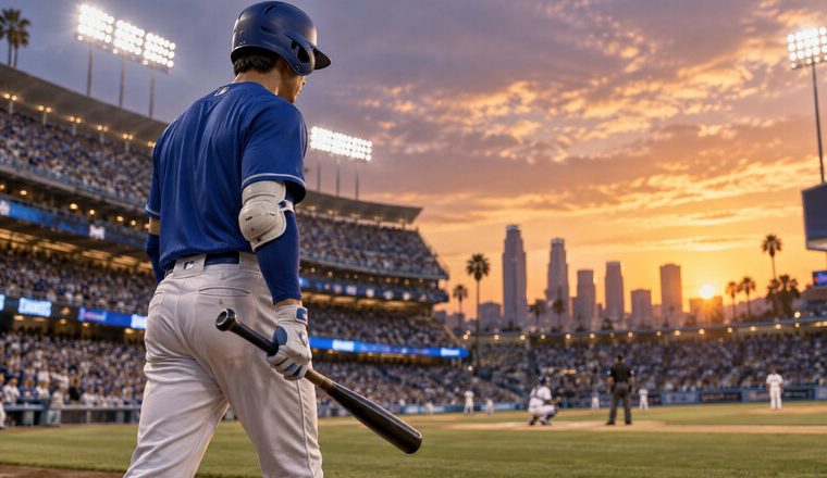 Bateador de uniforme azul en un estadio de béisbol de Los Ángeles