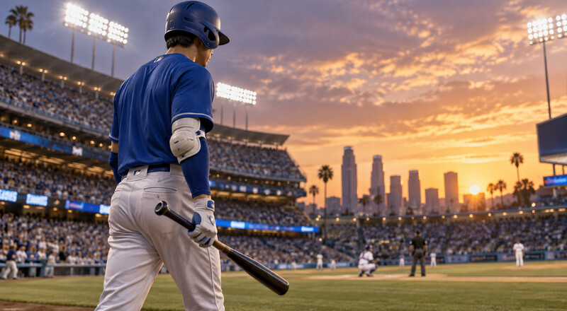 Bateador de uniforme azul en un estadio de béisbol de Los Ángeles