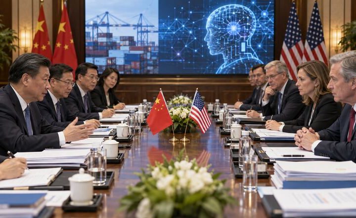 Delegaciones de China y Estados Unidos frente a símbolos de comercio e inteligencia artificial.