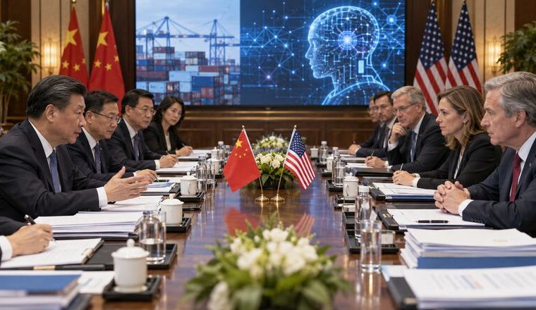 Delegaciones de China y Estados Unidos frente a símbolos de comercio e inteligencia artificial.