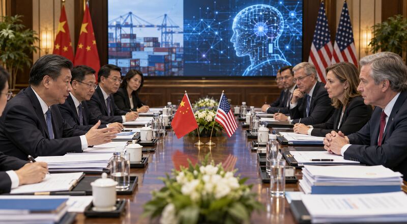 Delegaciones de China y Estados Unidos frente a símbolos de comercio e inteligencia artificial.