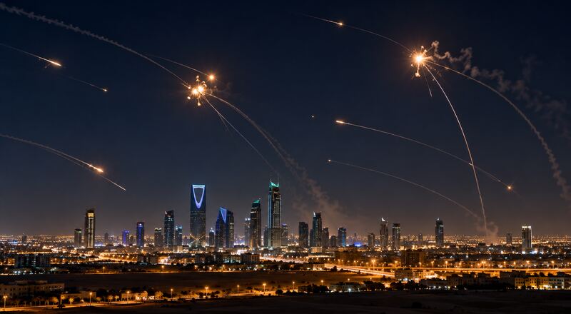 Silueta urbana saudí bajo un cielo nocturno con defensas aéreas interceptando proyectiles.