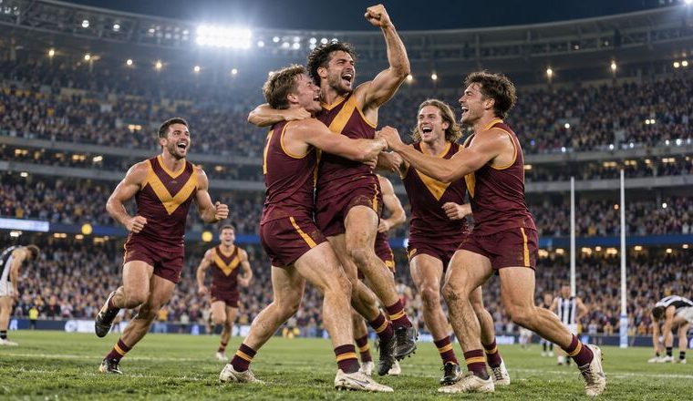 Jugadores de fútbol australiano celebran una remontada en un estadio lleno de Melbourne.