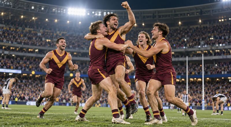 Jugadores de fútbol australiano celebran una remontada en un estadio lleno de Melbourne.
