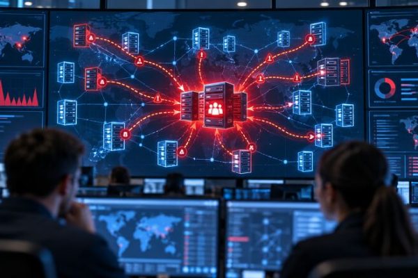 Pantallas de ciberseguridad muestran una intrusión contra sistemas empresariales de recursos humanos.