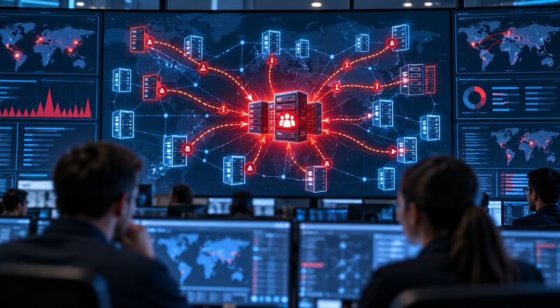 Pantallas de ciberseguridad muestran una intrusión contra sistemas empresariales de recursos humanos.