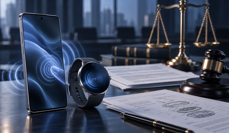 Teléfono inteligente y reloj sobre una mesa con ondas que representan respuesta háptica.