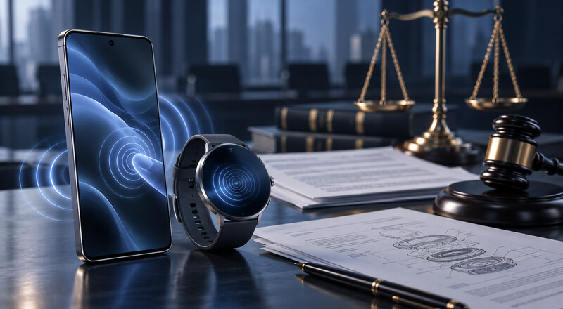 Teléfono inteligente y reloj sobre una mesa con ondas que representan respuesta háptica.