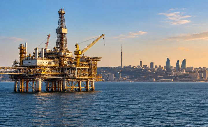 Plataforma energética en el mar Caspio frente a la costa de Azerbaiyán al atardecer.