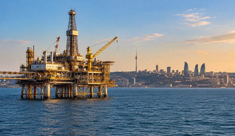 Plataforma energética en el mar Caspio frente a la costa de Azerbaiyán al atardecer.