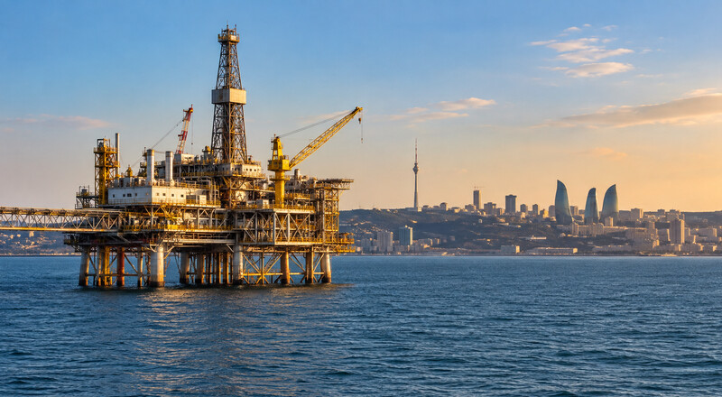 Plataforma energética en el mar Caspio frente a la costa de Azerbaiyán al atardecer.