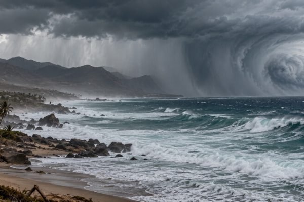 Oleaje intenso y nubes de tormenta frente a la costa de Baja California Sur por el huracán Polo.