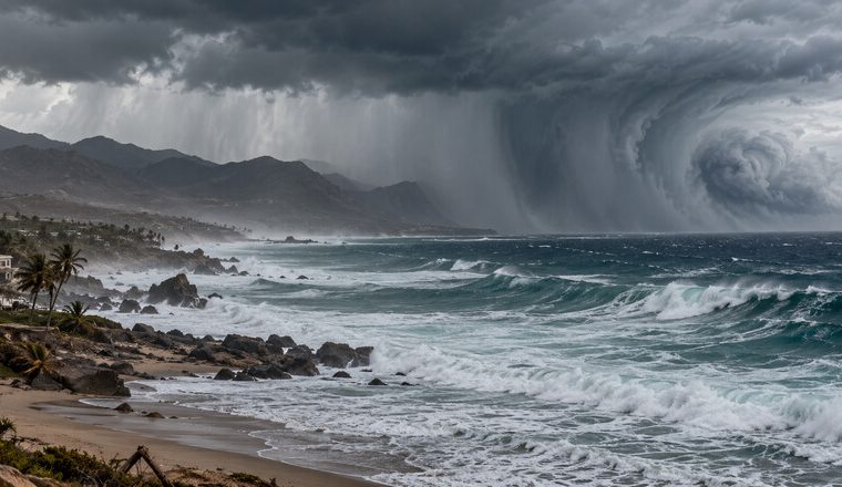 Oleaje intenso y nubes de tormenta frente a la costa de Baja California Sur por el huracán Polo.