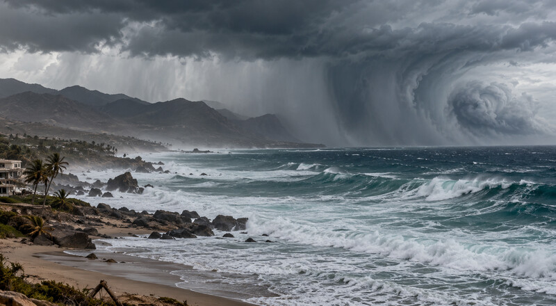 Oleaje intenso y nubes de tormenta frente a la costa de Baja California Sur por el huracán Polo.